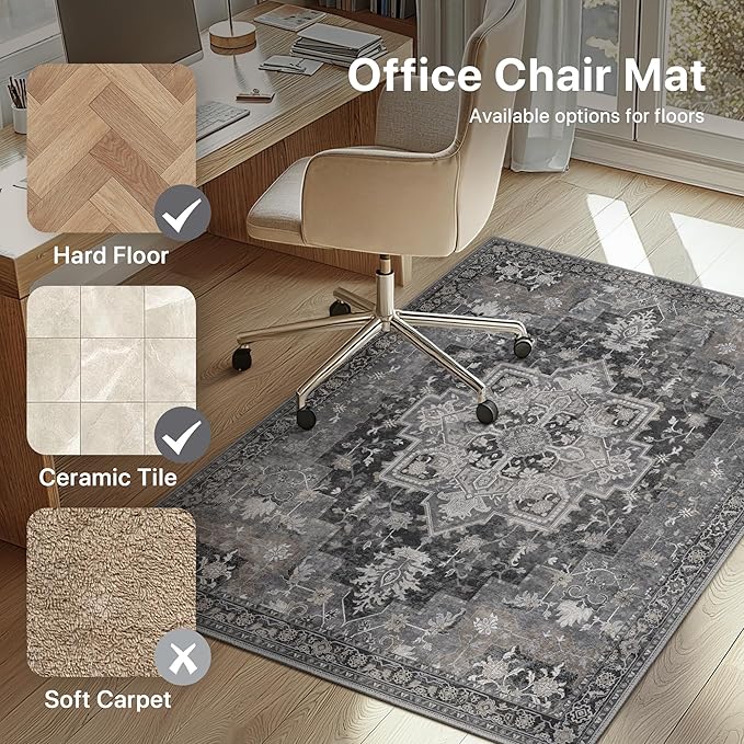 36"x48" Office Chair Mat for Hardwood Tile Floor, Under Desk Carpet Protector for Rolling Computer Chair Mat, Machine Washable Area Rug, Anti-Slip 1/5" Thick Low Pile Thin Vinyl Floor Mat, Black
