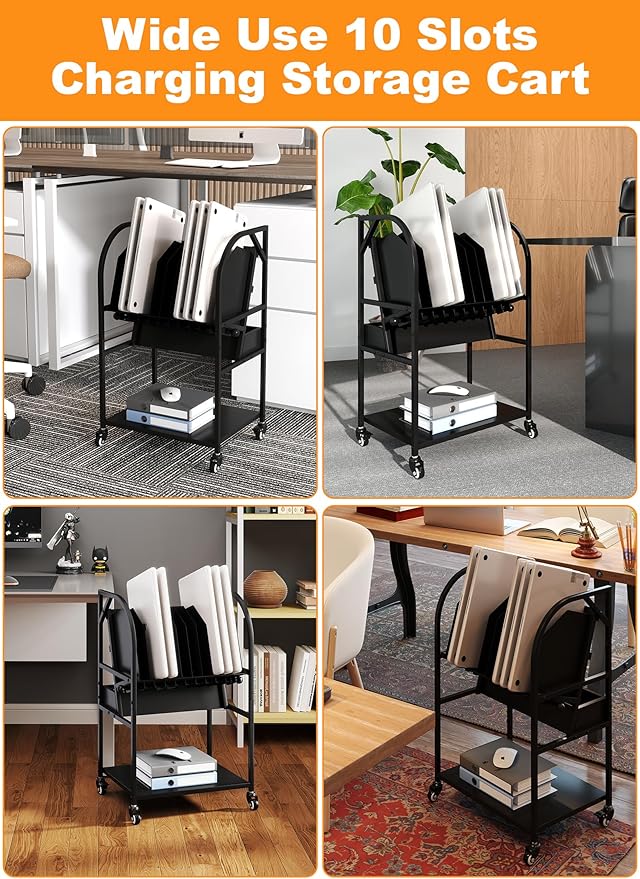 Laptop Charging Station, 10 Device Mobile Charging Cart with Lockable Wheels for Laptop, Chromebooks, Tablets and Computers, Charging Organizer Rack for Office, Classroom, Library