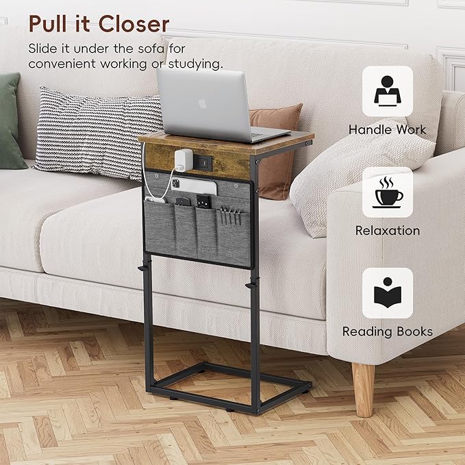 Vagusicc C Shaped End Table with Charging Station, 33" Tall Side Table for Couch, Sofa Table Adjustable Height Side Table C Table, Slide Under Couch Table TV Tray Table for Living Room, Bedroom, Brown
