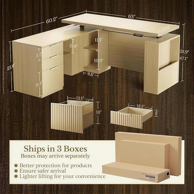 63 Inches L Shaped Standing Desk, Executive Standing Desk with Drawers and File Cabinet, AC/USB, 1.18" Desktop, Multi-sized Storage Cubby, Privacy Panel, Fluted Computer Desk, Light Walnut