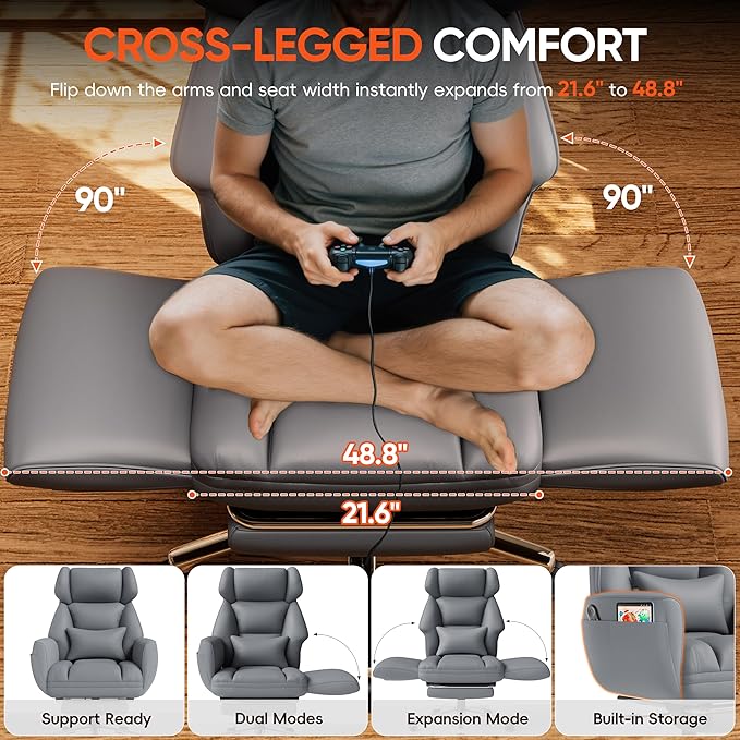 GABRYLLY Criss Cross Chair with Footrest, Big and Tall Office Chair - Wide Seat, Reversible Armrests, 120°Tilt, 400LBS Heavy-Duty Executive Leather Chair for Working, Gaming & Meditation, Grey
