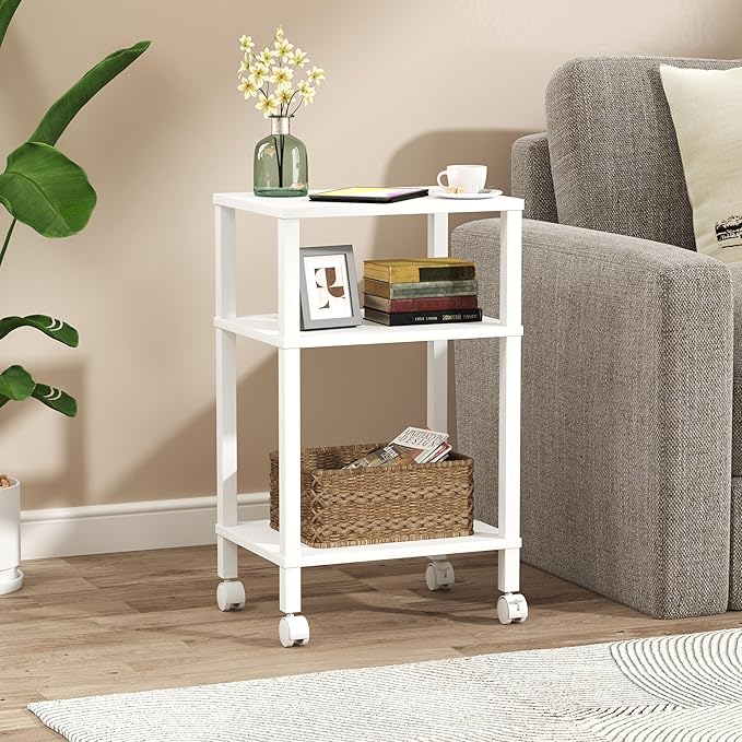 3-Tier Printer Stand with Storage, Mobile Printer Cart with Rolling Casters and Adjustable Feet, Under Desk Storage Shelf for Home Office, White, 15.7" x 11.8" x 25.9"