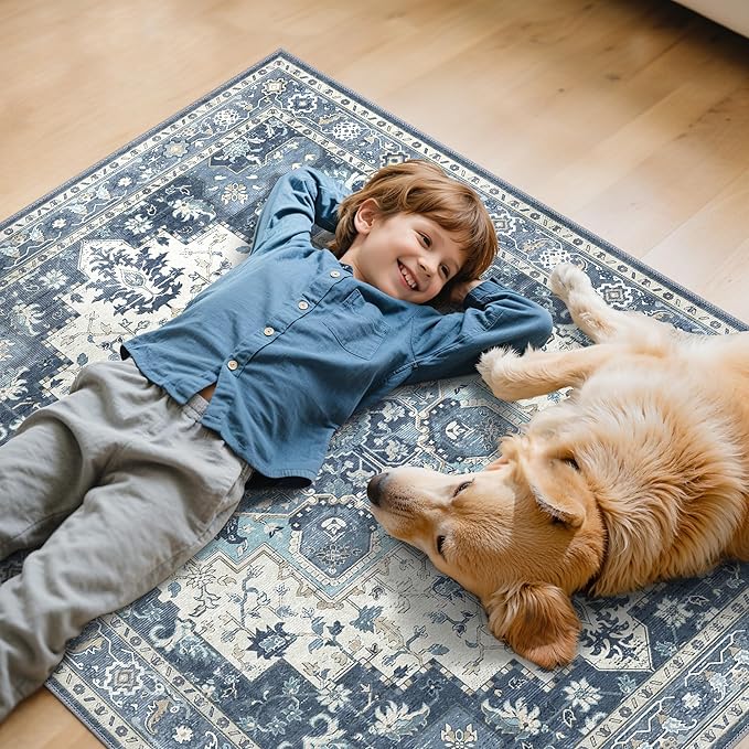 48"x60" Office Chair Mat for Hardwood Tile Floor, Under Desk Carpet Protector for Rolling Computer Chair Mat, Machine Washable Area Rug, Anti-Slip 1/5" Thick Low Pile Thin Vinyl Floor Mat, Navy