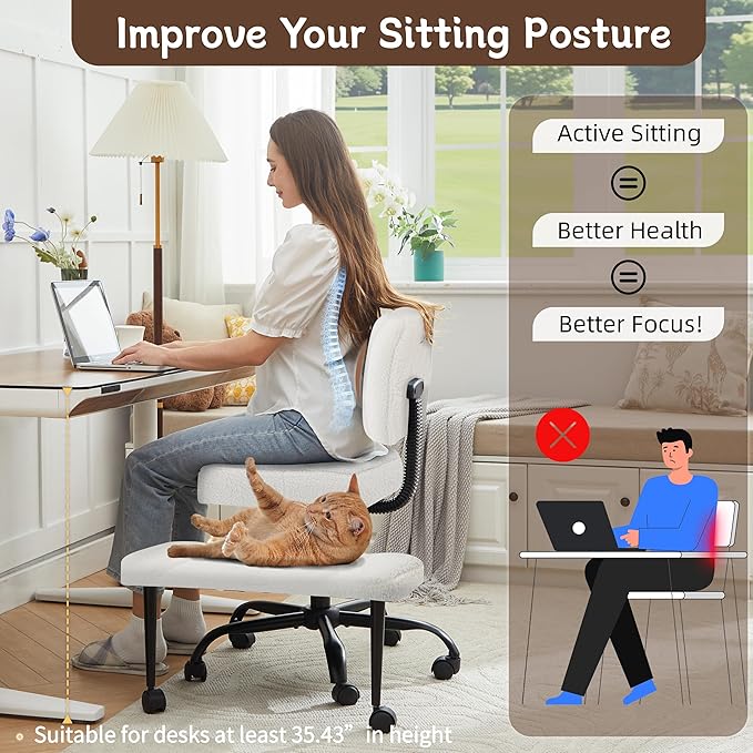 Ergonomic Criss Cross Legged Office Chair, ADHD Chair, 360° Swivel Meditation Kneeling Chair with Wheels, Adjustable Footrest, Wider Height Adjustable Seat, Lumbar Support, Teddy Fabric, OffWhite