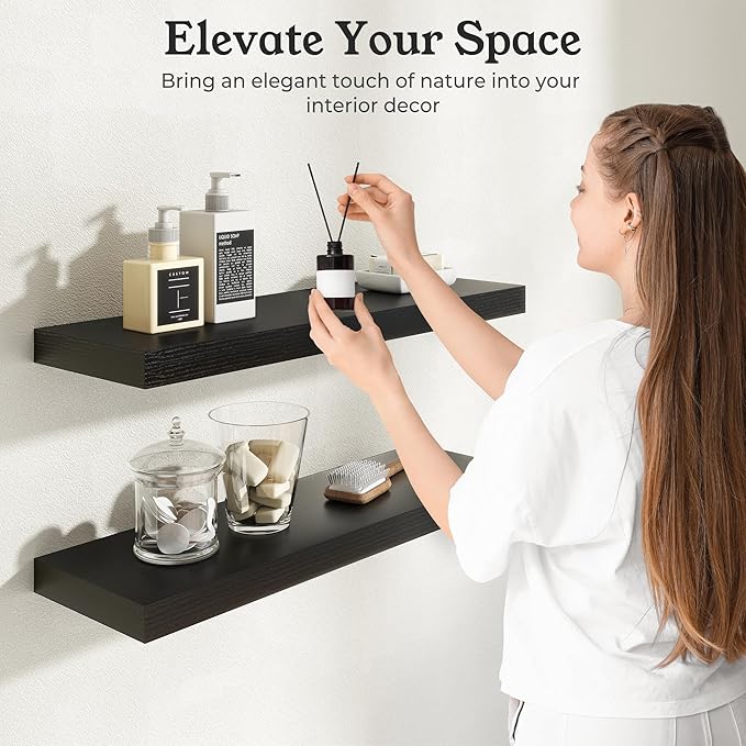 Black Floating Shelves for Wall, 7.9" Deep Wall Mounted Floating Shelves for Bedroom, for Wall, Living Room, Kitchen, for Books/Storage/Room Decor (Black, 16")