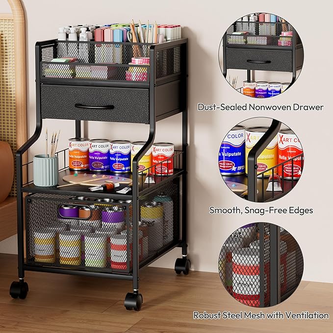 SWTYMIKI Rolling Under Desk Storage - Storage Cart with Drawers & DIY Divider - Art Cart Organizer on Wheels - Craft Rolling Utility Cart for Office, Craft Room & Studio Black