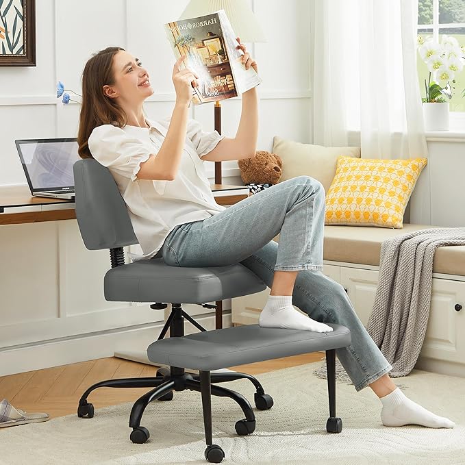 Ergonomic Criss Cross Legged Office Chair, ADHD Chair, 360° Swivel Meditation Kneeling Chair with Wheels, Adjustable Footrest, Bigger & Wider Height Adjustable Seat, Strong Lumbar Support, Grey PU