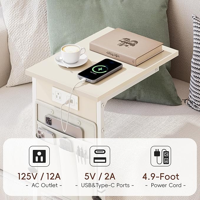 Vagusicc C Shaped End Table with Charging Station, Adjustable Height Side Table for Couch, Small Sofa Table C Table End Table, Slide Under Couch Table TV Tray Arm Table for Living Room, Bedroom, Cream