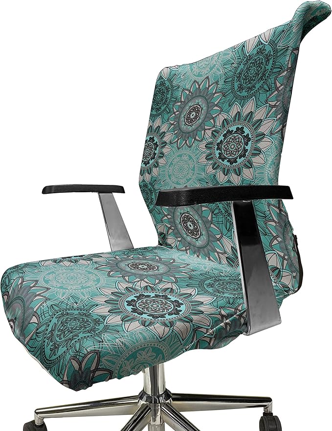 Ambesonne Mandala Office Chair Cover, Hippie Oriental Abstract Motifs Traditional Round Spring Inspired Design, Stretchable Decorative Universal Size High Back Printed Slipcover, Turquoise Black
