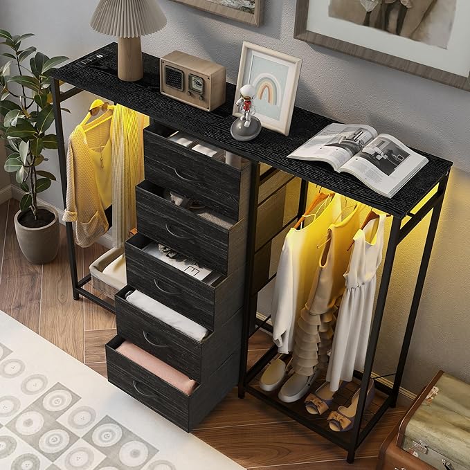 Espelism Dresser for Bedroom with Clothes Rack 5 Drawer Dresser with Charging Station LED Lights White Chest of Drawers Flexible Shelf and Open Storage Space for Bedroom Living Room (Charcoal Black)