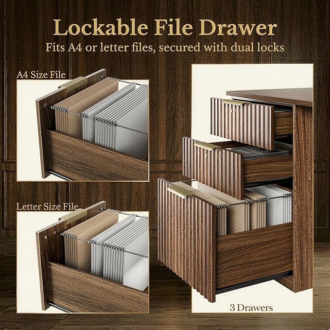 63 Inches L Shaped Standing Desk, Executive Standing Desk with Drawers and File Cabinet, AC/USB, 1.18" Desktop, Multi-sized Storage Cubby, Privacy Panel, Fluted Computer Desk, Black Walnut