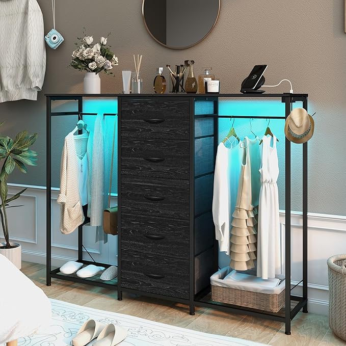Espelism Dresser for Bedroom with Clothes Rack 5 Drawer Dresser with Charging Station LED Lights White Chest of Drawers Flexible Shelf and Open Storage Space for Bedroom Living Room (Charcoal Black)