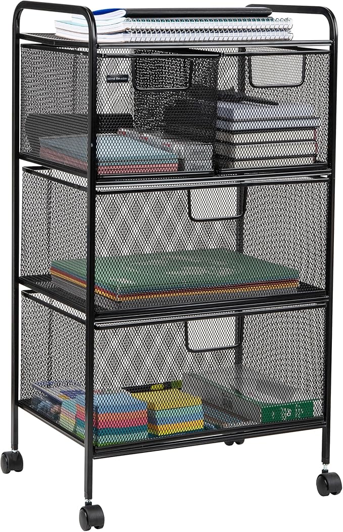 Mind Reader Cart with Drawers, Multipurpose Office Organizer, Utility Cart, Rolling Storage, Metal Mesh, Black