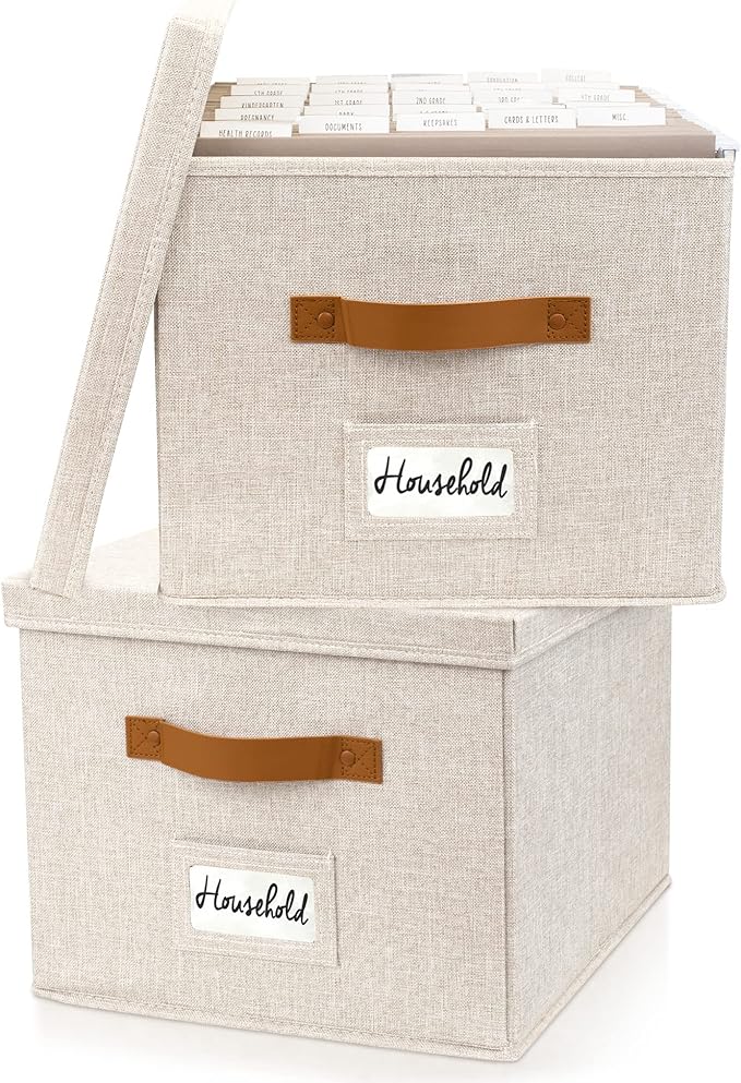 ZICOTO Decorative File Organizer Box Set of 2 - Collapsible Linen Filing Cabinets with Handles Are Perfect to Store All Your Documents & Hanging File Folders - Portable Easy Slide Crates with Lid