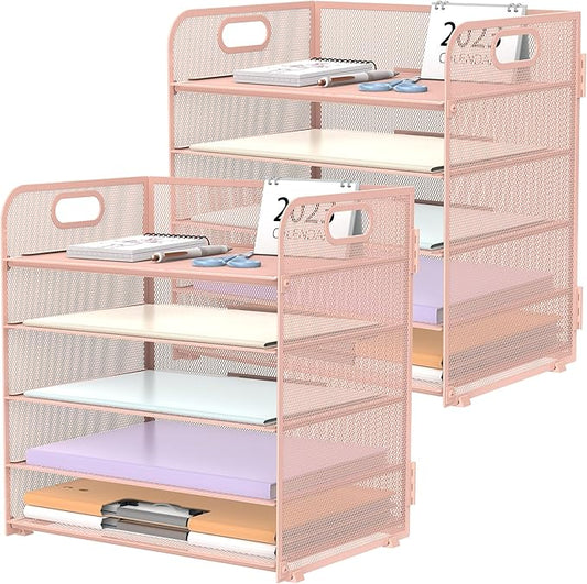 2 Pack 5-Tier Pink Desk Organizer with Handle Mesh Desk File/Paper Organizer Letter Tray for Office, School, Classroom and Home Easy Installation