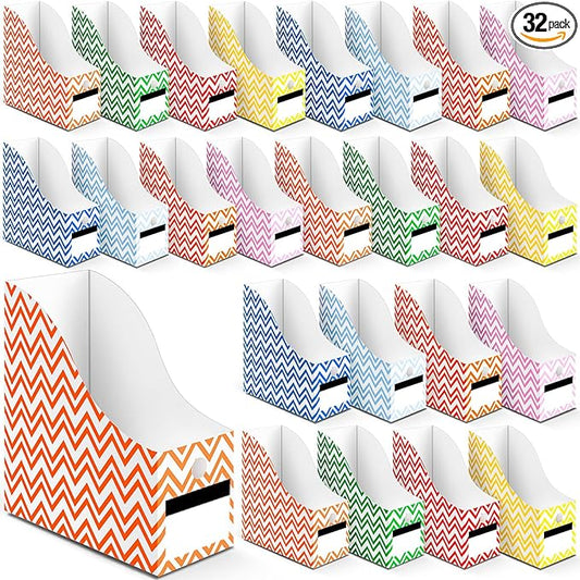 Jutom 32 Pcs Magazine File Holder Set Including Colored Foldable Desk File Holder Organizer White Label Stickers Cat Pen Cardboard Magazine Storage Box for Document School Office(Solid,Striped)