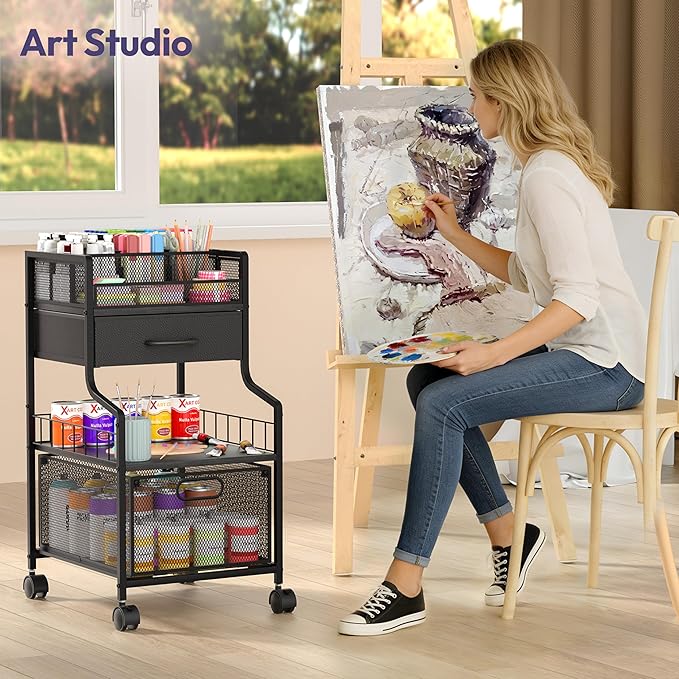 SWTYMIKI Rolling Under Desk Storage - Storage Cart with Drawers & DIY Divider - Art Cart Organizer on Wheels - Craft Rolling Utility Cart for Office, Craft Room & Studio Black