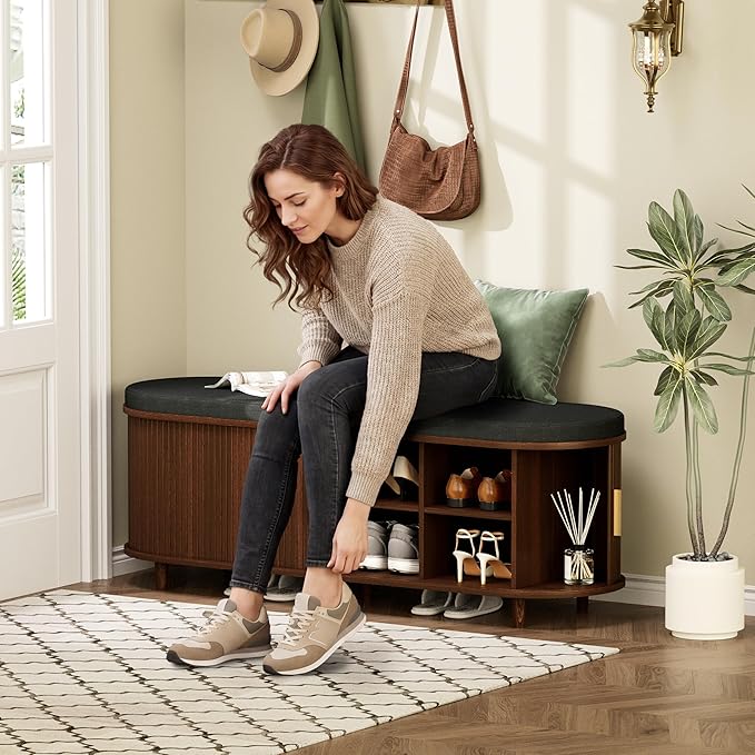 DHH 2-Tier Storage Bench,Wide Shoe Bench with Thickened Padded Seat Cushion, Mid Century Modern Fluted Sliding Door and Adjustable Shelf, for Entryway, Living Room, Bedroom (Walnut, 51.2”)