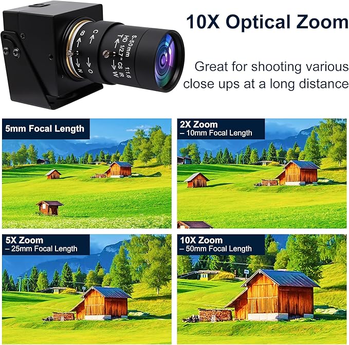 SVPRO 8MP USB Camera, Manual Focus Webcam with Varifocal 5-50mm CS Mount Lens-10X Zoom External Camera for Laptop PC Computer, UVC Plug and Play UVC