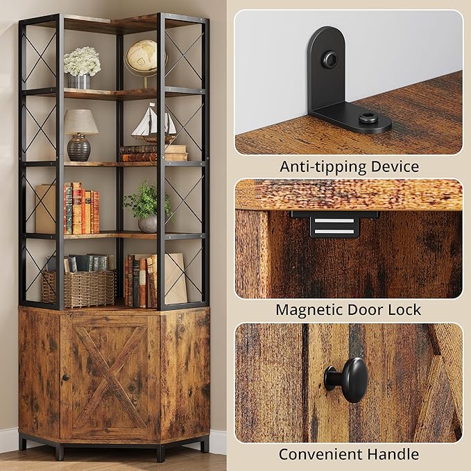 IRONCK Corner Bookshelf with 5-Tier Open Shelves, 77.9" Tall L-Shaped Bookcase with Enclosed Cabinet, Adjustable Feet, Anti-Tip Device, Walnut
