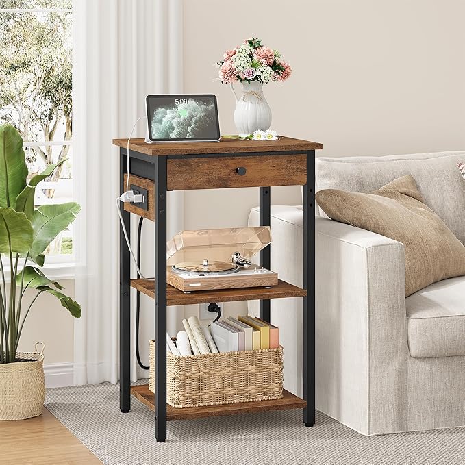 Gewudraw Printer Stand with Charging Station, 3-Tier Under Desk Printer Table, End Table with Storage Shelves for Home Office, Living Room,Bedroom,Bathroom,Brown