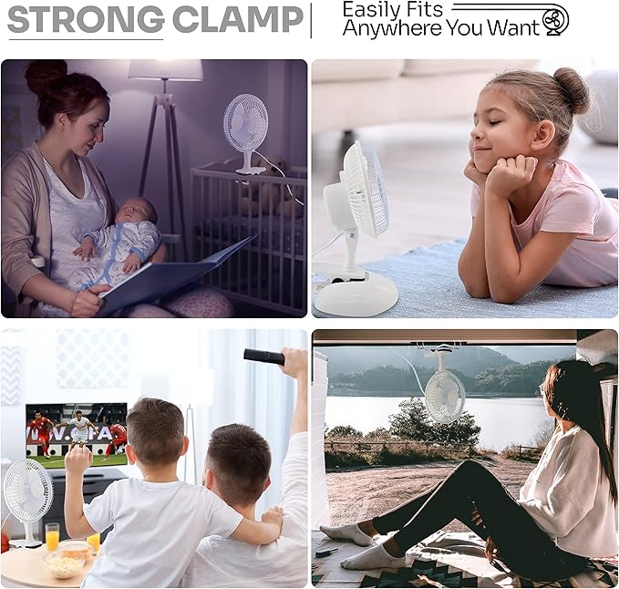 RamPro Portable Desk and Clip on Fan, 6 Inch Fans Small and Quiet Plug In, Small Personal Cooling Fan for Desk Home Bedroom Office, 2 Speed, Adjustable Tilt, White