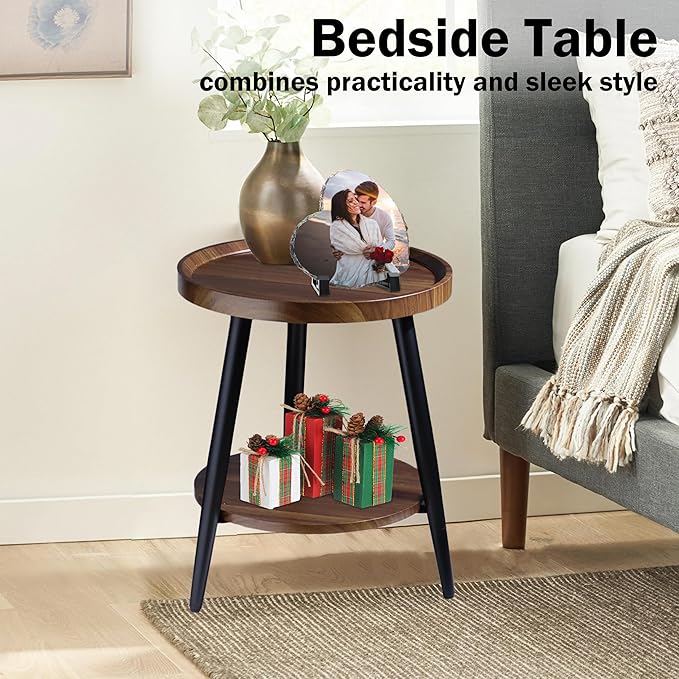 Small Round Side Table, 2-Tier Mid Century Modern Side Table, Round End Table Small End Table for Living Room, Metal Frames, Brown