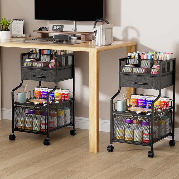SWTYMIKI Rolling Under Desk Storage - Storage Cart with Drawers & DIY Divider - Art Cart Organizer on Wheels - Craft Rolling Utility Cart for Office, Craft Room & Studio Black