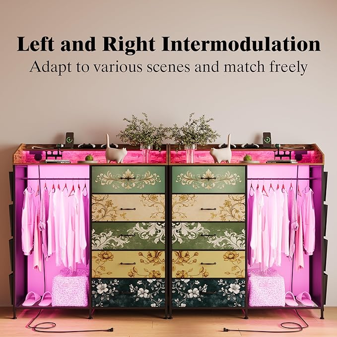 LUMTOK 2-in-1 Dresser with Hanging Racks,5 Fabric Drawers Dressers with LED Lights, Charging Station for Bedroom Living Room, Entryway, Closets (Retro Pattern)