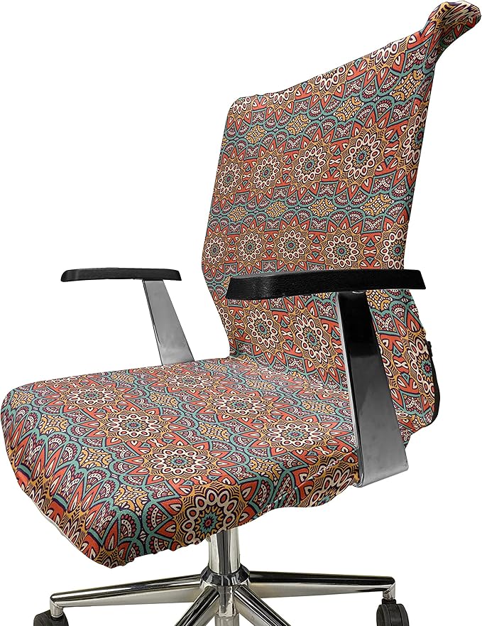 Ambesonne Mandala Office Chair Cover, Nature Inspired Floral Abstraction in Retro Colors Ornamental Petals, Stretchable Decorative Universal Size High Back Printed Slipcover, Turquoise Orange