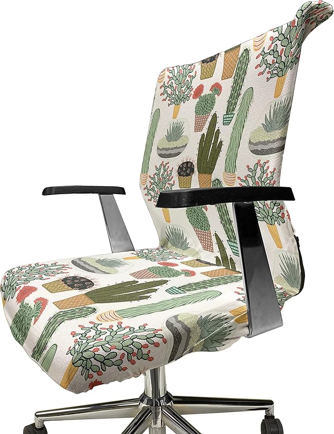 Ambesonne Cactus Office Chair Cover, Pattern with Succulent Plants and Cactuses in Pots Botanical Floral Mexican Garden, Stretchable Decorative Universal Size High Back Printed Slipcover, Fern Green