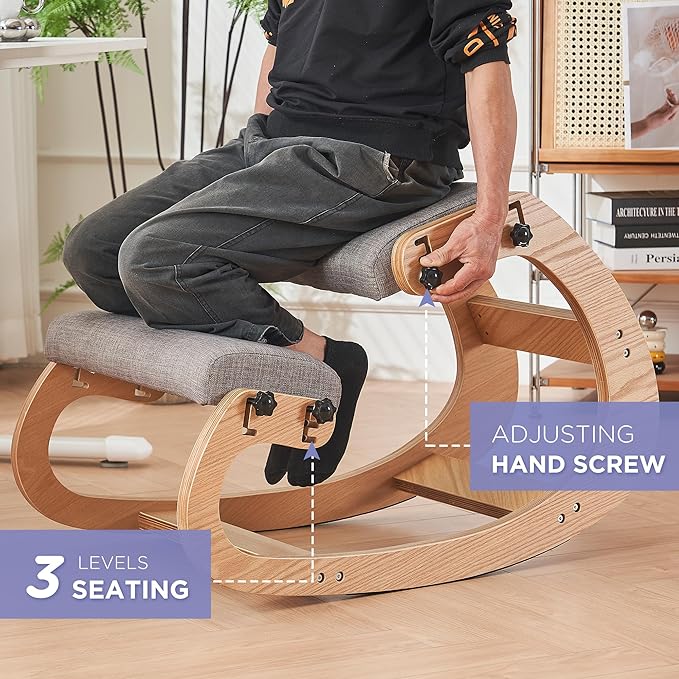 Ergonomic Kneeling Chair,Adjustable Rocking Knee Chair for Home Office,Wooden Office Chair for Back Pain Relief, Grey