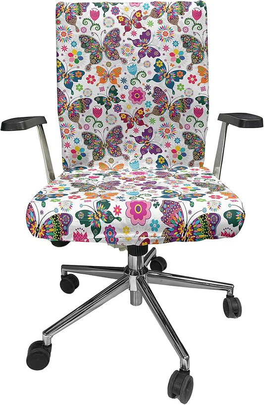 Ambesonne Butterfly Office Chair Cover, Sixties and Seventies Inspired Complex Image with Floral Elements and Butterflies, Stretchable Decorative Universal Size High Back Printed Slipcover, White Pink