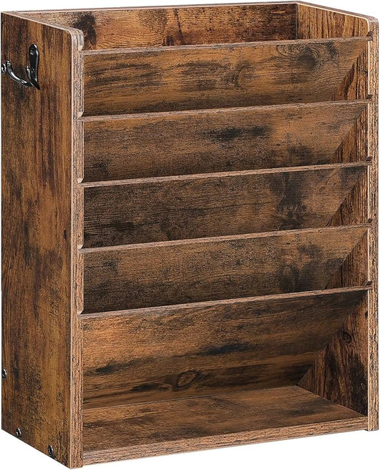 CHOEZON Wall File Organizer, 6-Tier Vertical Mount Hanging Holder with 2 Side Hooks, Vintage Wooden Magazine Storage Crate with Bottom Flat Tray, Desk Organizer, for Office, Home, Rustic Brown MWJ01FG