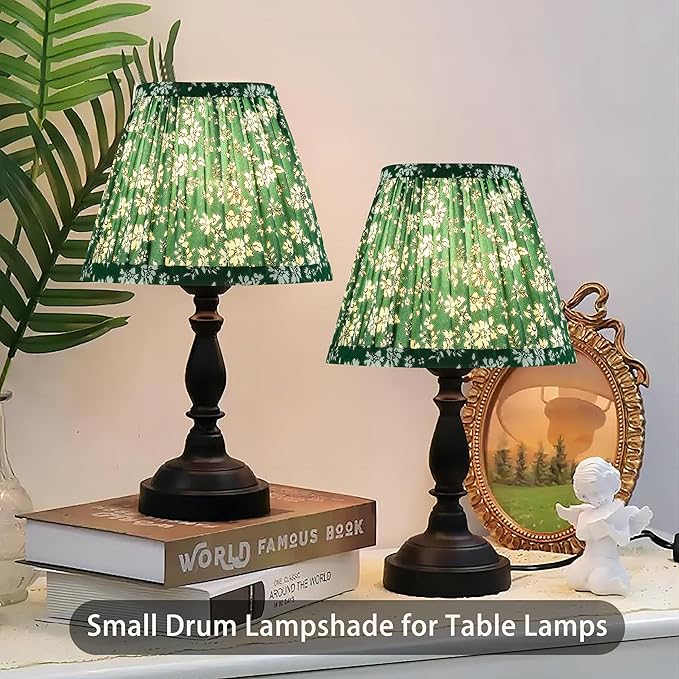 GO&SO Pleated Lamp Shades Set of 2 Small Mini, 5"×9"×6.4"(Spider) Farmhouse Floral- Soft Green Textured Fabric Crinkle Lamp Shade for Table Lamps and Wall Lamp Cafe Decor,Bell Lampshade Replacement
