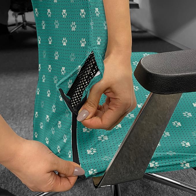 Ambesonne Paw Print Office Chair Cover, Modern Design Pattern of Animal Step Marks with Tiny Squares, Stretchable Decorative Universal Size High Back Printed Slipcover, Teal Ivory