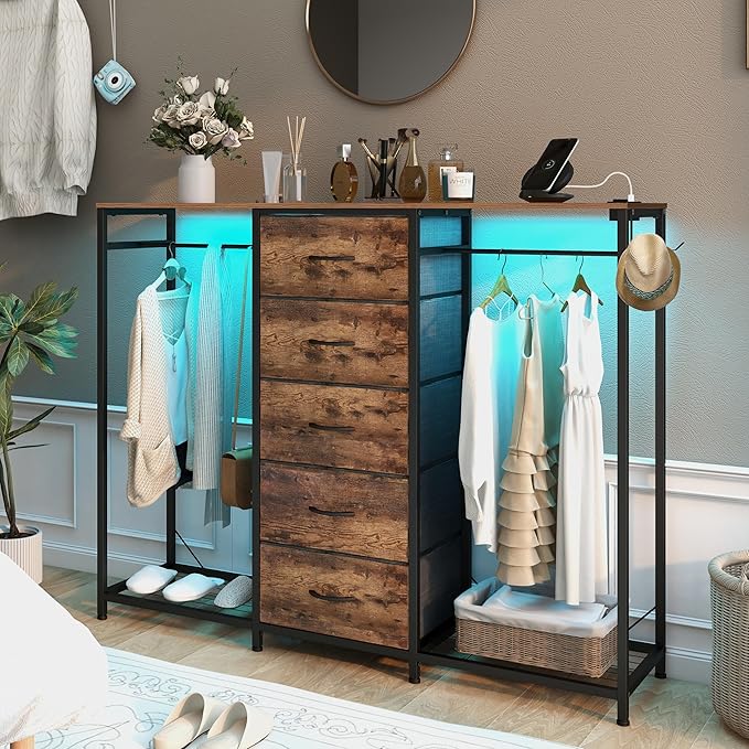 Espelism Dresser for Bedroom with Clothes Rack 5 Drawer Dresser with Charging Station LED Lights White Chest of Drawers Flexible Shelf and Open Storage Space for Bedroom Living Room (Brown)