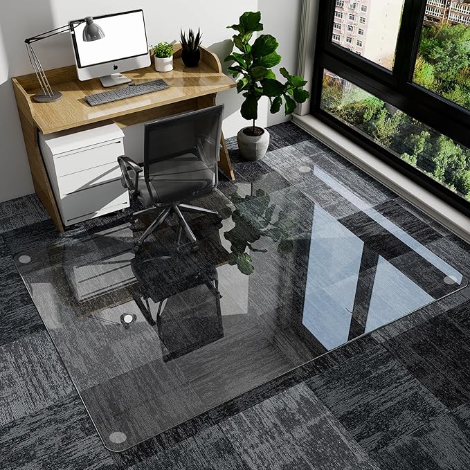 GLSLAND 48" x 60" Tempered Glass Chair Mat Rectangle Heavy-Duty Floor Protector for Carpet Hard Floors Scratch-Resistant Office Computer Desk Mat 1/5" Clear