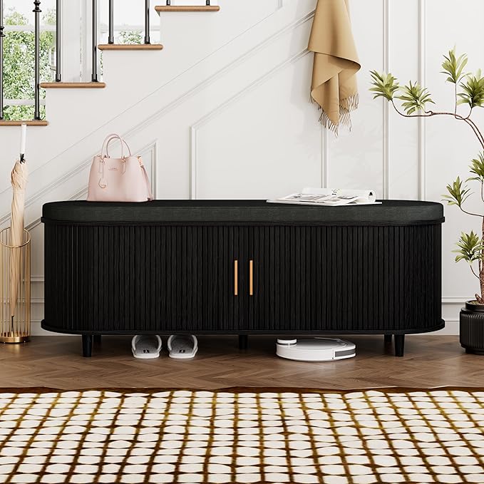 DHH 2-Tier Storage Bench,Wide Shoe Bench with Thickened Padded Seat Cushion, Mid Century Modern Fluted Sliding Door and Adjustable Shelf, for Entryway, Living Room, Bedroom (Black, 51.2”)