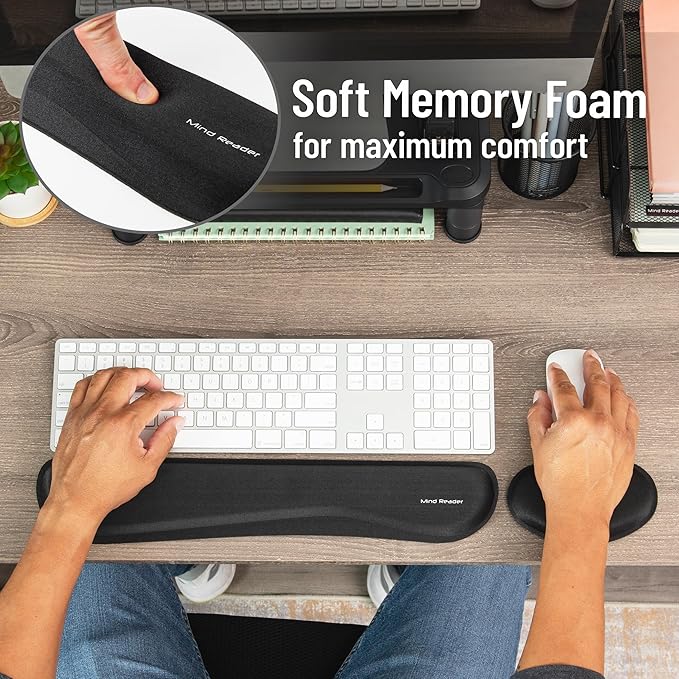 Mind Reader Ergonomic Keyboard and Mouse Wrist Rest Sets, Gaming Accessory, Memory Foam, 16.75" L x 3" W x 0.75" H, 6 pcs, Black