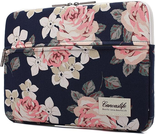 Canvaslife White Rose Pattern 13 inch Canvas Laptop Sleeve with Pocket 13 inch 13.3 inch Laptop case 13.1 case 13.6sleeve