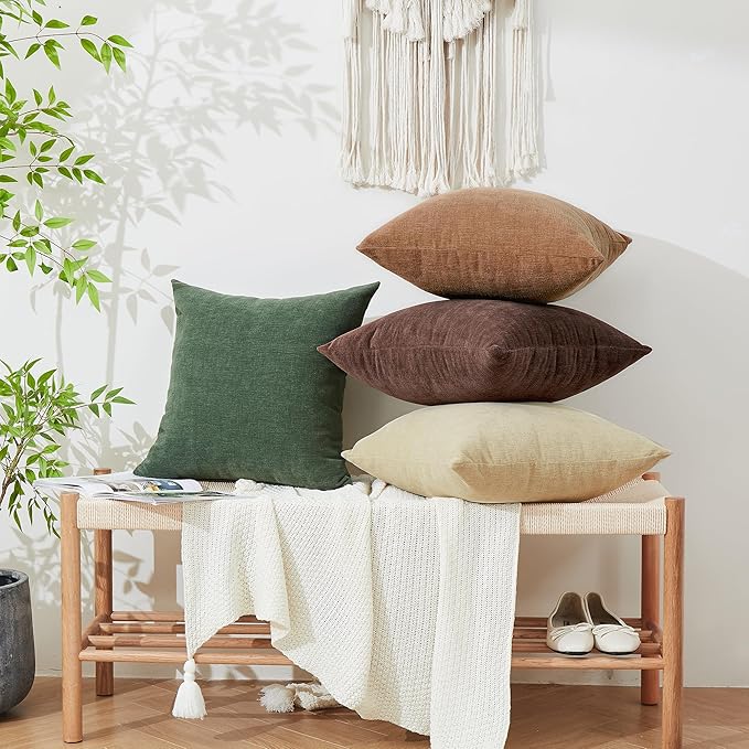 GAWAMAY Decorative Square Throw Pillow Covers 22x22 Inch Set of 2, Super Soft Chenille Pillows Farmhouse Fall Pillowcase for Living Room Bedroom Sofa Couch Cushion Cover Brown 55x55cm (No Inserts)