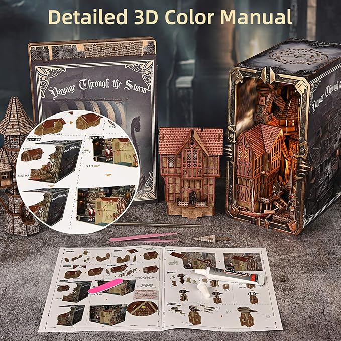 fifijoy Viking Book Nook Kit - DIY Miniature House Dollhouse Kit for Adults Teens, Booknook Tiny House Bookshelf Insert Decor 3D Wooden Puzzle, Gifts for Family, Friends (Voyage Through the Storm)