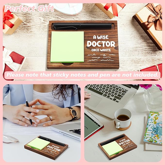 CINRLLA Doctor Sticky Note Holder Wooden Notepad & Pen Holder 6.5"" x 4.7"" Sticky Note Pad Holder Dispenser for Desk Doctor Work Humor Gifts, NPA191, Brown