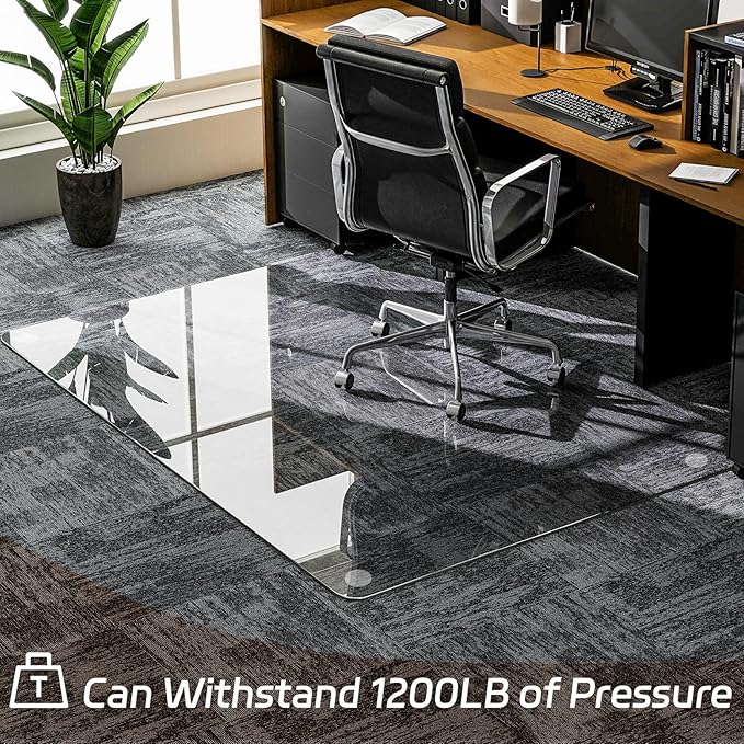 GLSLAND 48" x 60" Tempered Glass Chair Mat Rectangle Heavy-Duty Floor Protector for Carpet Hard Floors Scratch-Resistant Office Computer Desk Mat 1/5" Clear