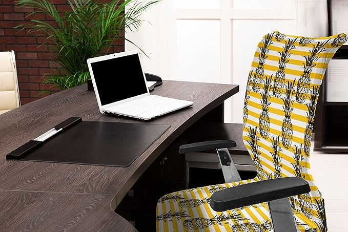 Ambesonne Fruits Office Chair Cover, Modern Pineapple Motif on Minimalist Backdrop Digital Composition, Stretchable Decorative Universal Size High Back Printed Slipcover, Yellow White