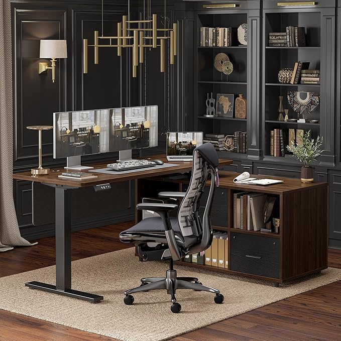 TIQLAB L Shaped Standing Desk with Privacy Protection Panel, 61.4" x 47.2" Height Adjustable Corner Executive Desk with Drawers and Shelves, Standing Computer Desks for Home Office, Black Walnut