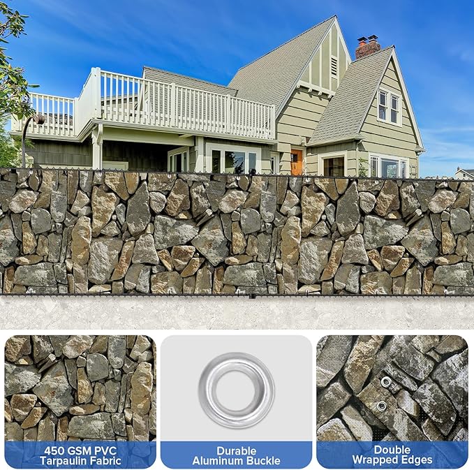UPGRADE 3'x26'Customized PVC Privacy Fence Screen with Stone Wall Print – Outdoor Waterproof Patio Privacy Cover for Yard, Balcony, Garden Fence Decoration