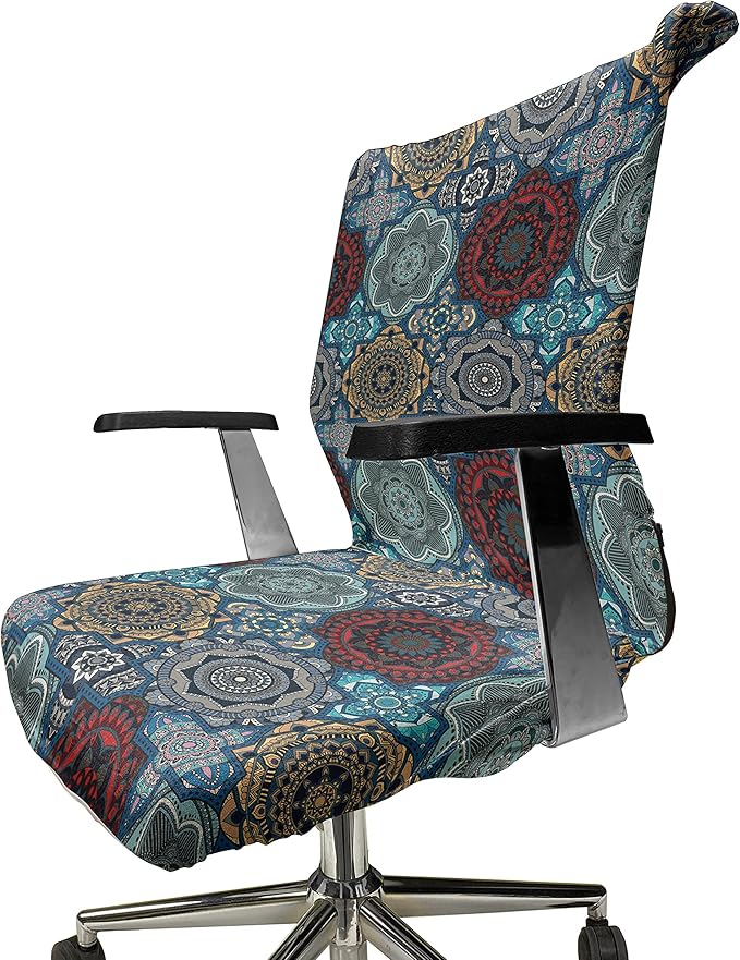 Ambesonne Moroccan Office Chair Cover, Patchwork Style Vintage Ottoman Inspiration Retro Motifs, Stretchable Decorative Universal Size High Back Printed Slipcover, Brown Blue