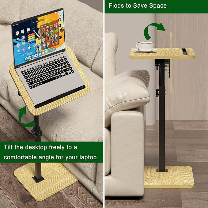 TV Tray Side Table for Sofa - 360° Swivel Adjustable Height Rotating Couch Table C Table End Table Laptop Desk with Phone & Tablet Slot, Perfect for Eating Working Reading, Fits Small Spaces